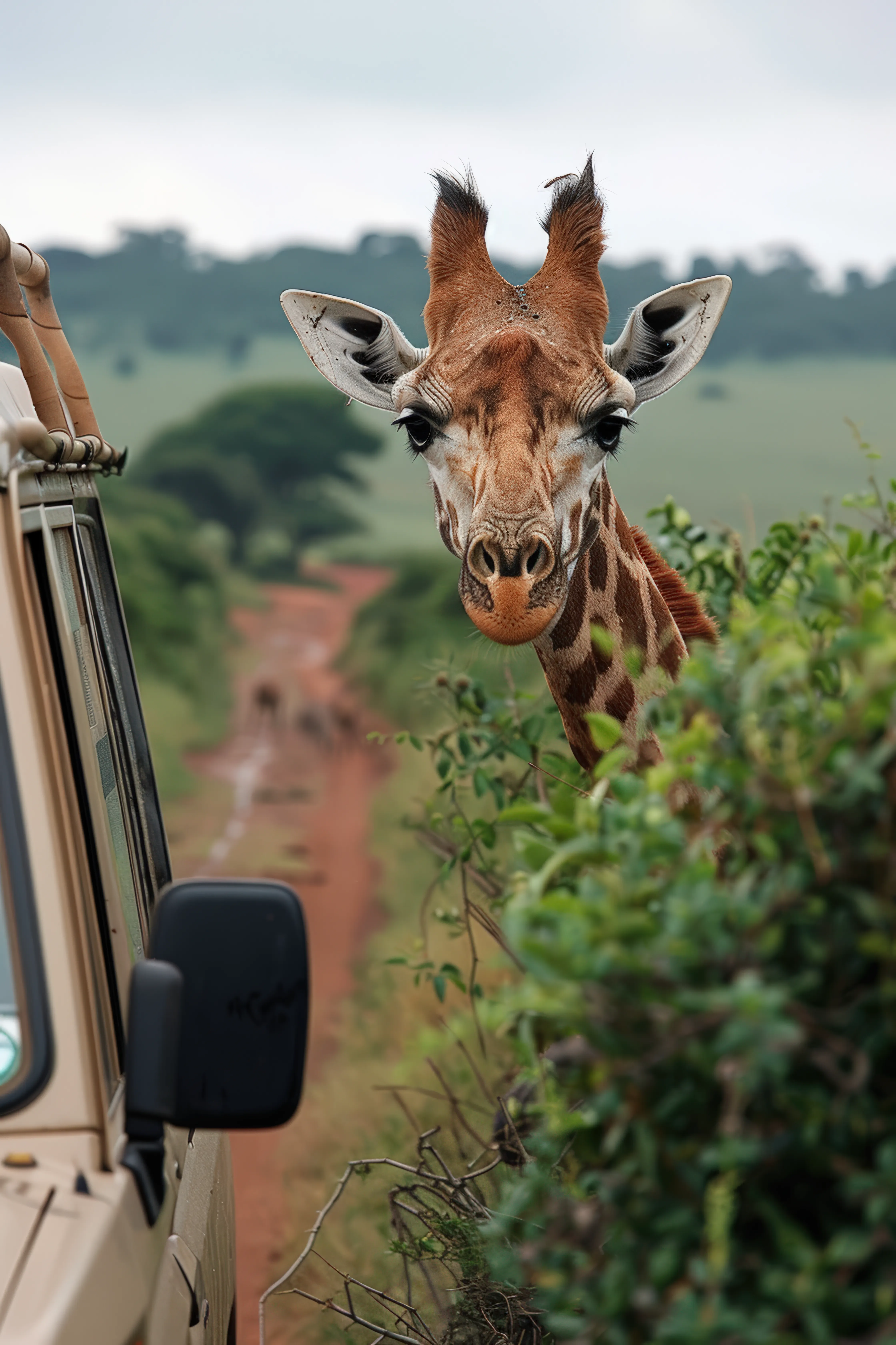 Giraffe watching safari vehicle in the wild